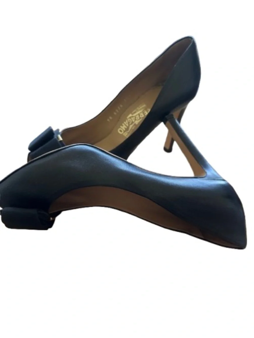 SALVATORE FERRAGAMO Black Leather Vara Bow Peep Toe Heels
